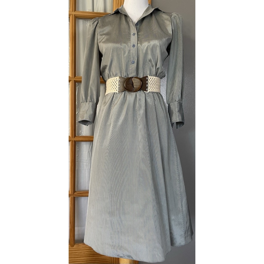 80s Susan Howard Striped Midi Dress S-M Taupe Satin 3/4 Sleeve Classic Career - Picture 1 of 15
